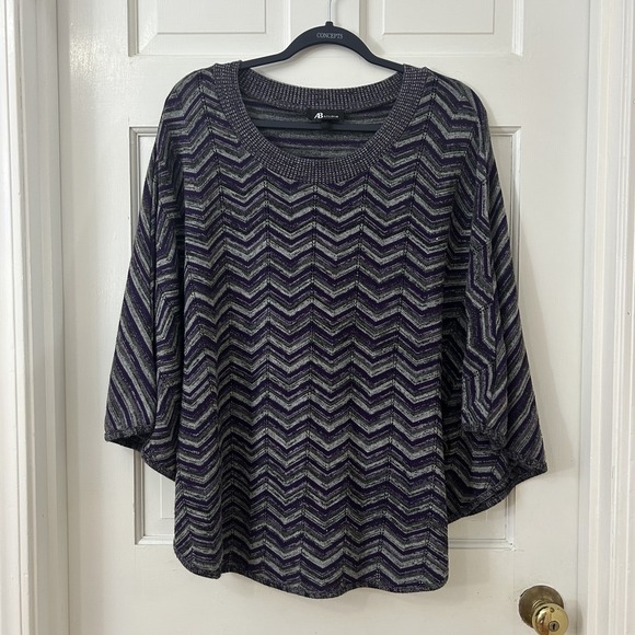 AB Studio Sweaters - AB Studio Poncho Cape XL Gray‎ Plum Knit Herringbone Boho Crew Neck Oversize